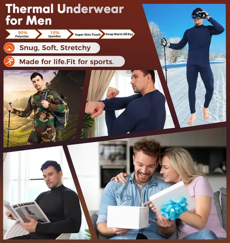 Vista 5 de CL convallaria Ropa interior térmica para hombre, ropa interior larga con forro polar, capa base para clima frío, XS-4XL