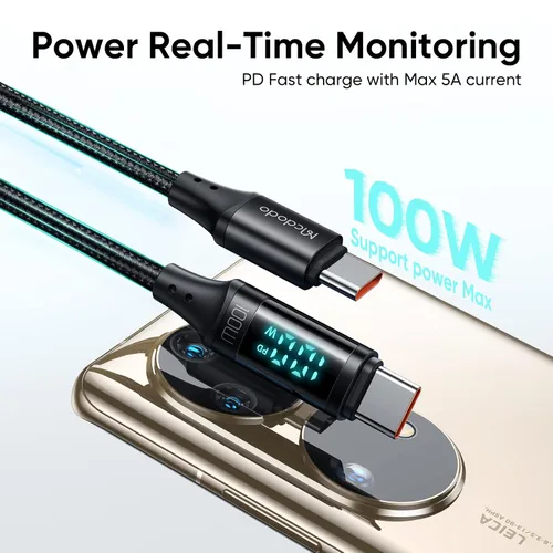 Vista 7 de Mcdodo Cable USB C tipo C de carga rápida de 4 pies con medidor de potencia digital de 100 W, cable trenzado de nailon para iPhone 15/15Pro/iPad