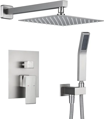 Vista 10 de Sistema de ducha de 10 pulgadas, juego combinado de ducha de lluvia, grifo de montaje en pared negro, grifos de baño con cabezal de ducha de lluvia