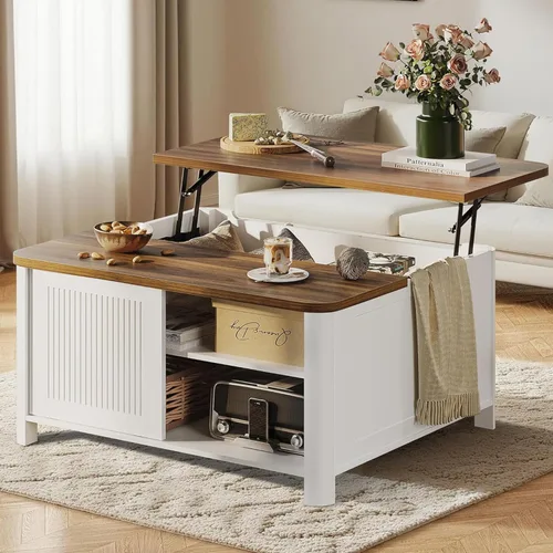 Vista 10 de Decofy Mesa auxiliar elevable con almacenamiento de mediados de siglo, modernas mesas de centro cuadradas para sala de estar, gran compartimento