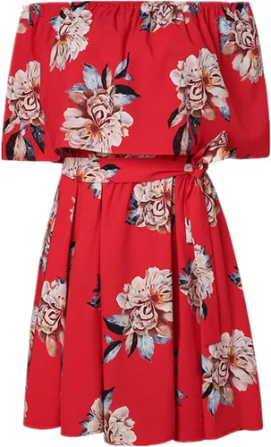 Vista 2 de mini vestido sin hombros, acampanado con pliegues, con mangas, estampado floral, estilo bohemio con cinto, para mujer.