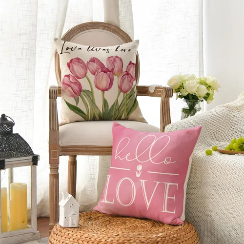 Vista 3 de AVOIN colorlife Hello Love - Juego de 4 fundas de almohada para bicicleta, diseño de tulipanes rosados, 16 x 16 pulgadas, diseño de flores