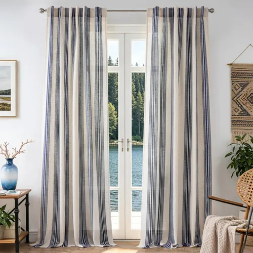 Vista 19 de DriftAway Cortinas de estilo granja con rayas verticales de lino mezclado texturizado con filtro de luz semitransparente para sala de estar