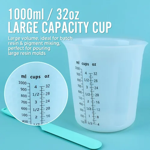 Vista 6 de Juego de tazas medidoras de mezcla de resina de silicona de 1L para suministros de resina, marcas fáciles de leer, taza grande de 1000ml/32oz, tazas