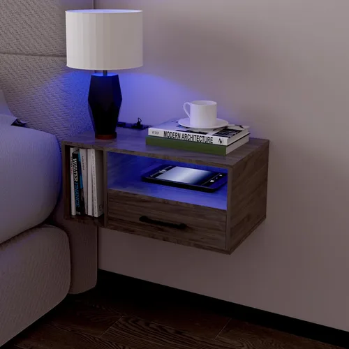 Vista 8 de Homaterial Mesita de noche flotante con estación de carga y luces LED, mesita de noche flotante con cajones, mesitas de noche montadas en la pared