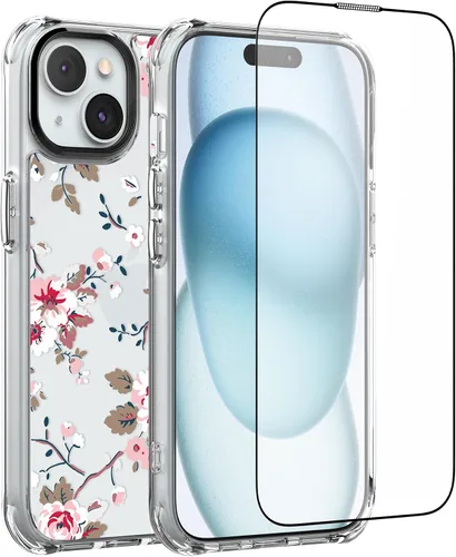 Vista 3 de Feitenn Funda para iPhone 15, policarbonato transparente + TPU suave a prueba de golpes, diseño de flores Beatuy con protector de pantalla de vidrio
