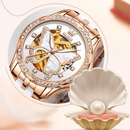 Vista 5 de OLEVS Relojes de oro rosa para mujer correa de acero inoxidable de cerámica reloj mecánico automático calendario de puntero luminoso impermeable