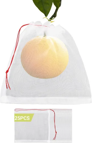 Vista 12 de Bolsas de cobertura de frutas contra pájaros, 25 bolsas de malla de protección de frutas de 4 x 6 pulgadas con cuerda, red para árboles frutales