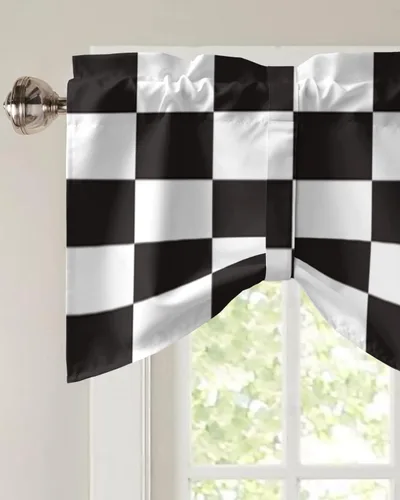 Vista 3 de Cortinas modernas de mosaico en blanco y negro para sala de estar, dormitorio, baño, ventana de cocina, cenefa de panel con bolsillo para barra