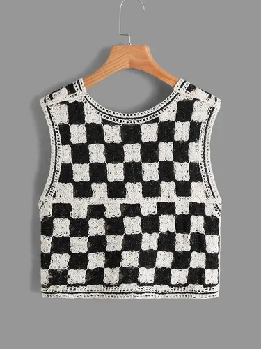Vista 2 de Verdusa Chaleco de punto a cuadros sin mangas con cuello en V y botones para mujer