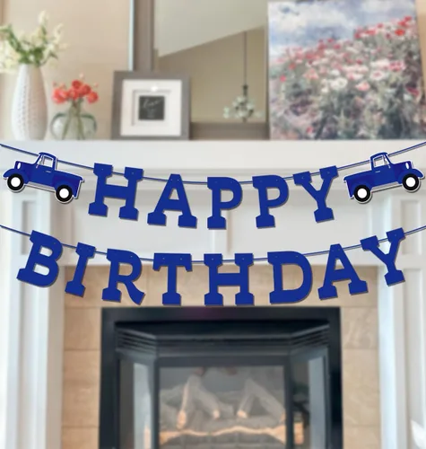 Vista 2 de Decoraciones de cumpleaños de camión azul pre-encordado azul feliz cumpleaños banner pequeño camión fiesta suministros favores