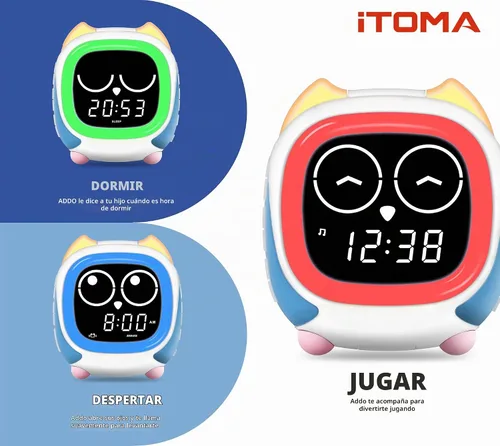 Vista 2 de iTOMA Owl - Reloj de entrenamiento para dormir y despertar para niños, con luz nocturna, ruido blanco, Bluetooth y alarma