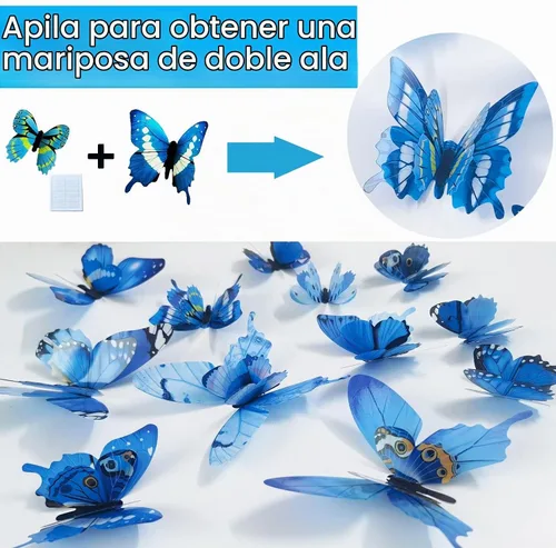 Vista 3 de Ewong 60 piezas de decoración de pared de mariposa 3D, calcomanías de pared Azul