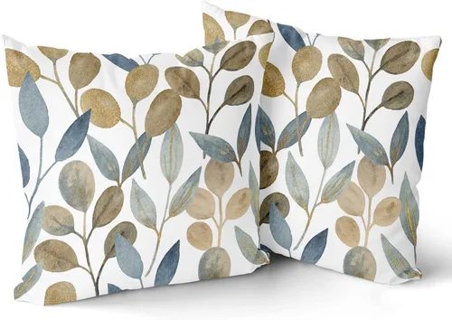 Vista 2 de Kawani Juego de 2 fundas de almohada doradas de hojas de eucalipto de 20 x 20 pulgadas, fundas de almohada de acuarela de eucalipto primaveral