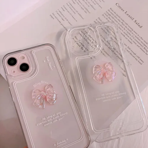 Vista 5 de Ownest - Funda compatible para iPhone 12, diseño bonito de lazo de arco 3D en rosa, delgada, transparente, diseño estético, para mujeres y lazo rosa