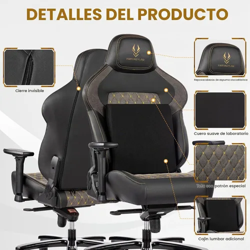 Vista 4 de Silla de juegos grande y alta de 440 libras con base de metal, espuma viscoelástica, lumbar 4D, reposabrazos ajustable, silla de computadora