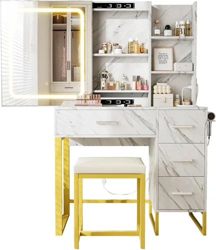 Vista 7 de GAOMON Escritorio de tocador grande de 57'' con espejo y luces, mesa de tocador de maquillaje con estación de carga, 3 modos de iluminación