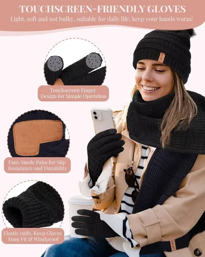 Vista 4 de Conjunto de guantes y bufanda de invierno para mujer, gorro de pompón con forro polar cálido, bufanda de punto larga, guantes para pantalla táctil