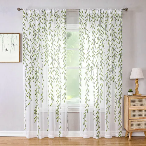 Vista 14 de BROSHAN - Cortinas transparentes con estampado verde, color blanco, 2