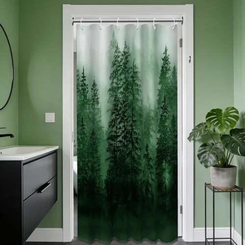 Vista 8 de Cortina de ducha estrecha para hombre, diseño de bosque negro y gris, para casa rodante, juego de decoración de baño, tela impermeable con ganchos