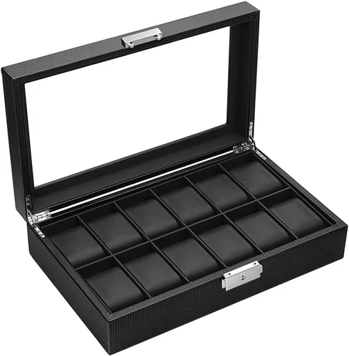 Vista 6 de anyasun Organizador de reloj para hombre, caja de reloj de 12 ranuras para mujer con tapa de vidrio grande, soporte para reloj con almohadas