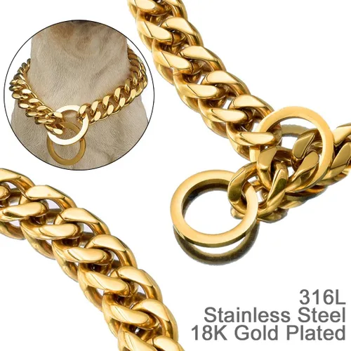 Vista 5 de Collar de cadena para perro, collar de acero inoxidable chapado en oro de 14 quilates, resistente, a prueba de mordidas, 0.748 in, 16 pulgadas