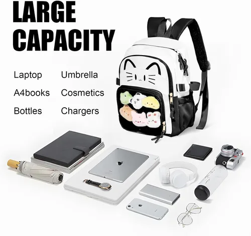 Vista 6 de Bolsa Kawaii Cat Ita, bolso con pines, bolsa con inserto, para uso diario y cosplay, nailon, Negro-blanco, Pequeño, Kawaii