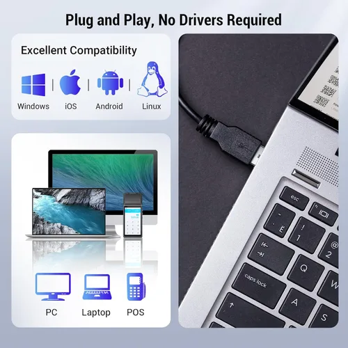 Vista 6 de Tera Escáner de código de barras omnidireccional de escritorio: 1D 2D QR manos libres USB con cable lector de código de barras ajustable Cabeza