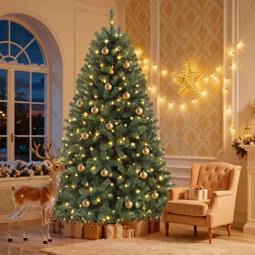 Vista 3 de DWVO Árbol de Navidad artificial preiluminado de 6 pies, verde, 1000 puntas