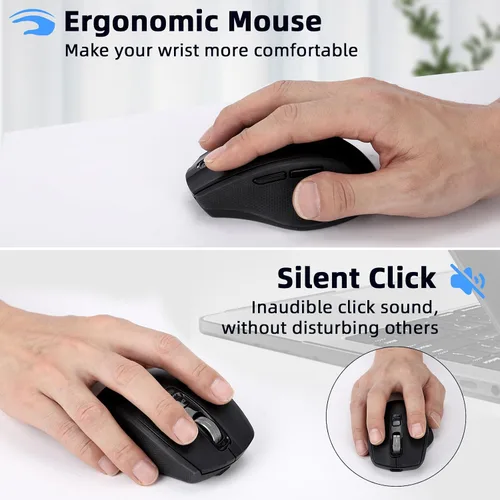 Vista 2 de Mouse inalámbrico Bluetooth con USB-A, receptor USB-C, recargable, 3 dispositivos, tamaño completo, clic silencioso, mouse ergonómico para Negro
