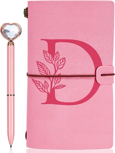 Vista 9 de Diario personalizado para regalo, diario de cuero con inicial rosa + juego de bolígrafo de corazón de diamante, cuaderno de viaje, bloc de notas