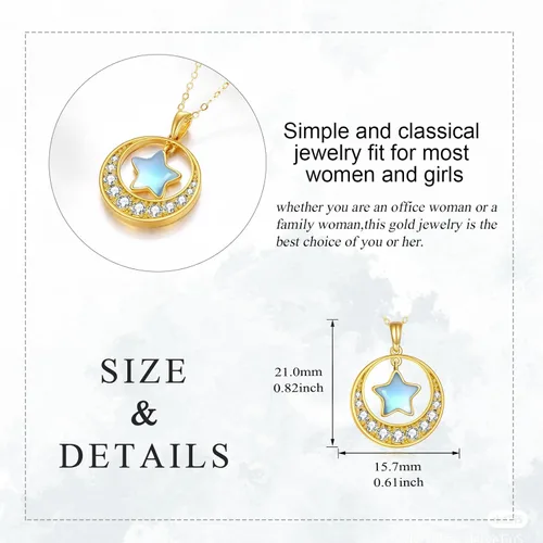 Vista 5 de KECHO Collar con dije de luna de oro de 14 quilates para mujer, oro amarillo real, luna creciente y estrella, collar con dije de ópalo de estrella