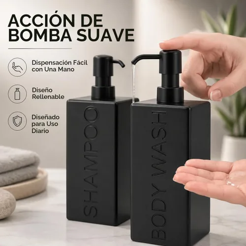 Vista 4 de dispensador rectangular de resina premium para cuarto de baño, para champú, acondicionador, loción corporal, diseño moderno recargable con bomba