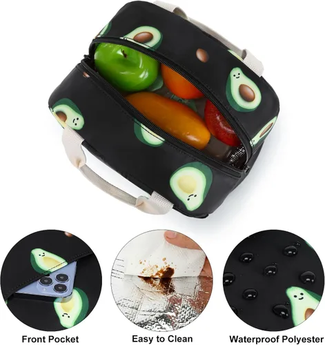 Vista 4 de Lonchera con diseño de aguacate para mujeres y niñas, con aislamiento, reutilizable, para niños, adultos, escuela, trabajo, picnic, viajes