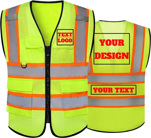 Vista 13 de Chaleco de seguridad reflectante de malla con logotipo personalizado Clase 2 con 5 bolsillos y cremallera