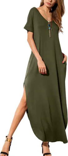 Vista 3 de GRECERELLE - Vestido largo para mujer, holgado, con bolsillos, manga corta y abertura lateral, estilo informal Verde militar