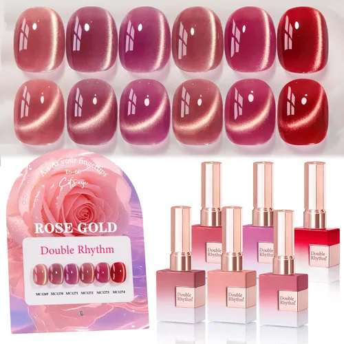 Vista 31 de Double Rhythm - Juego de esmalte de uñas de gel ojo de gato de 6 unidades, mismo color, misma botella, 14.8 ml, brillo con glitter, con imán Aurora