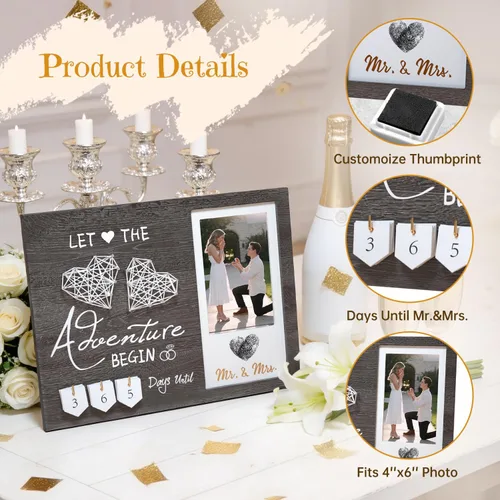 Vista 4 de Regalos de compromiso para pareja, Marco de fotos con huella dactilar de corazón para cuenta regresiva de boda y kit de tinta, Regalo para futura