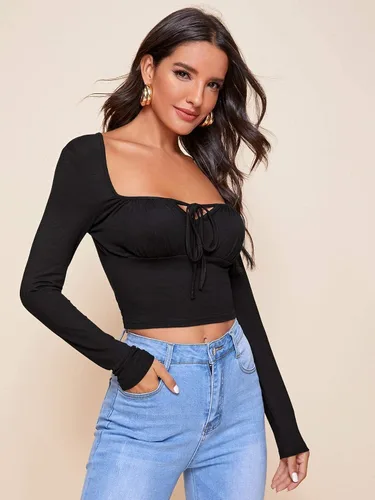 Vista 4 de Floerns Camiseta básica de manga larga con cuello cuadrado y lazo frontal para mujer