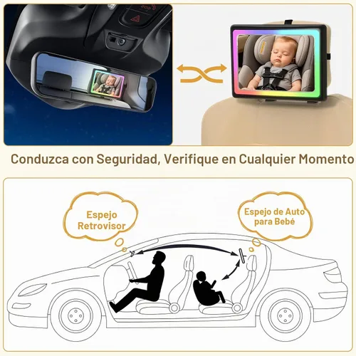 Vista 3 de Espejo de coche para bebé con luz, control remoto, ajustable en 360°, espejo de asiento de coche resistente a los golpes, visión nocturna clara