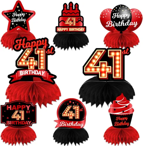 Vista 90 de Feliz 45 cumpleaños rojo y negro centros de mesa de panal de abeja decoraciones de globos decoración de mesa centros de mesa para niñas mujeres