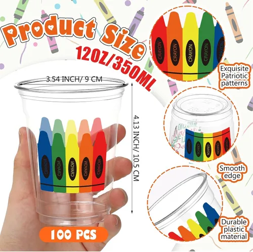 Vista 2 de Funnymoom 100 vasos de plástico de 12 onzas para el regreso a clases, vasos de crayón a granel, vasos desechables para el primer día de escuela