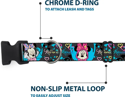 Vista 5 de Buckle-Down Collar de clip de plástico, sudadera con capucha y poses de auriculares de Minnie Mouse gris/multicolor, 1 pulgada de ancho, se adapta a