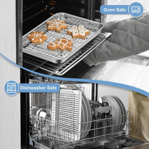 Vista 7 de TeamFar Molde para horno tostador con rejilla de enfriamiento, mini bandeja de acero inoxidable para horno tostador compacto, 9 pulgadas, fondo