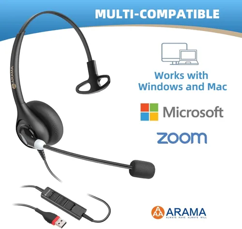 Vista 8 de Arama Auriculares USB con micrófono (A600MONO) - Cancelación de ruido, control de volumen y silencio en línea, compatible con USB-A y USB-C