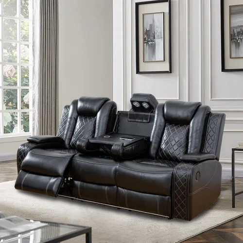 Vista 17 de Sillón reclinable eléctrico para sala de estar, silla reclinable de cuero con LED/almacenamiento, muebles reclinables de 1 plaza, sofá de cuero Negro