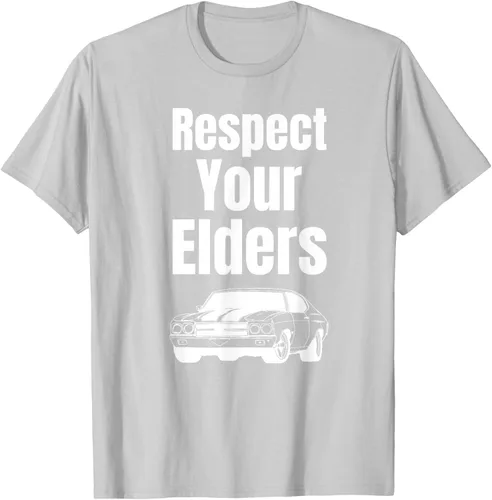 Vista 42 de Divertido regalo de auto para chicos – Respect Your Elders Classic Muscle Car Camiseta, Negro, S