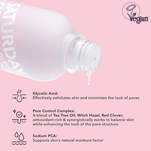 Vista 2 de Saturday Skin Tónico de tamaño de viaje para aclarar poros 10% ácido glicólico y AHA limpieza profunda astringente tóner facial