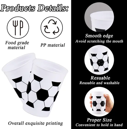 Vista 8 de Tevxj 24 vasos de plástico reutilizables para fanáticos del fútbol de 12 onzas, suministros de fiesta reutilizables, decoraciones de pelota