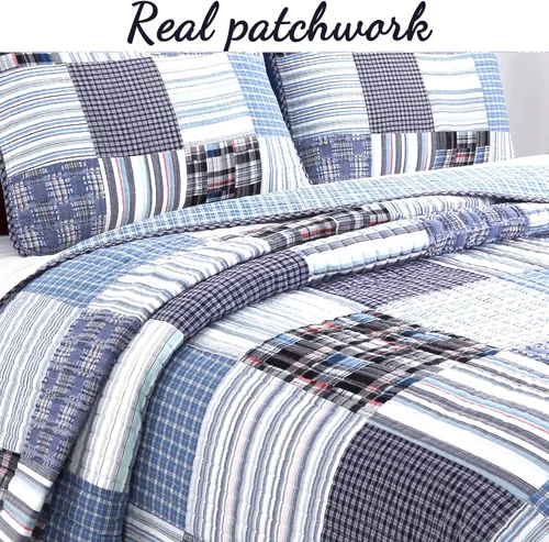 Vista 2 de Juego de ropa de cama de algodón con retazos reales a rayas azul marino, colcha reversible, colcha (Denim, Queen, 3 piezas)